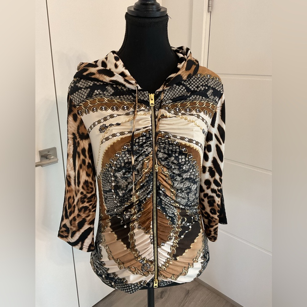 Joseph Ribkoff Animal Print jacket with Ruching and sheer black sleeve lining